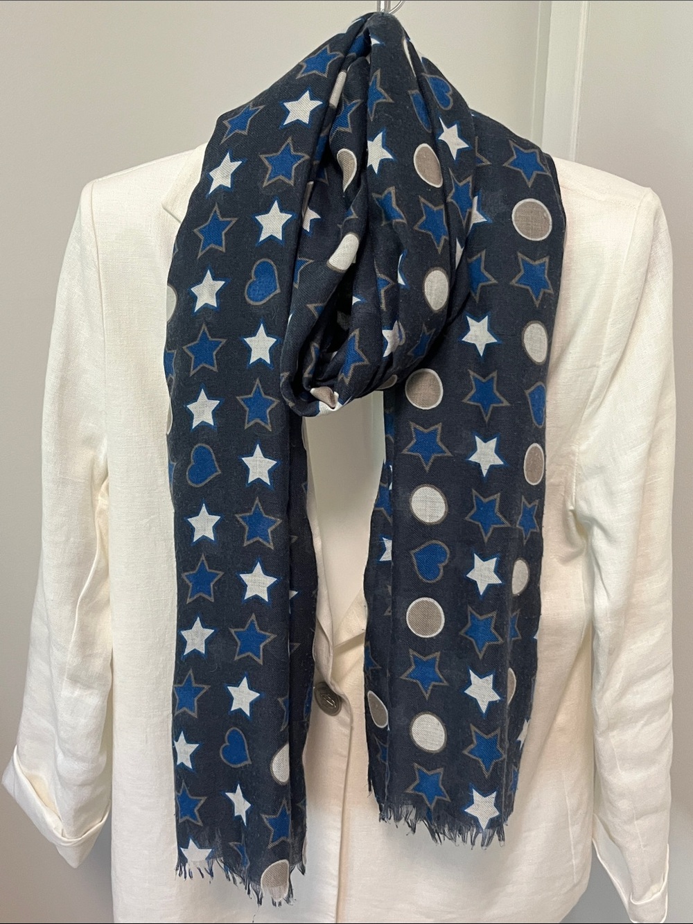 Lightweight Navy Scarf – Stars, Hearts & Polka Dot Print 💙⭐